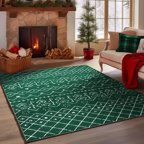 Miniatura 11 de COLLACT Alfombra de pasillo de Navidad de 2 x 10 pies, color verde sobre crema, alfombra de camino de árbol de Navidad, alfombra lavable, alfombra