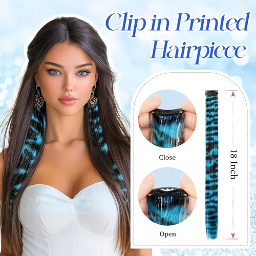 Miniatura 3 de FESHFEN Extensiones de cabello con clip con estampado de leopardo, 6 unidades, extensiones de cabello sintético largo y liso con clip, extensiones