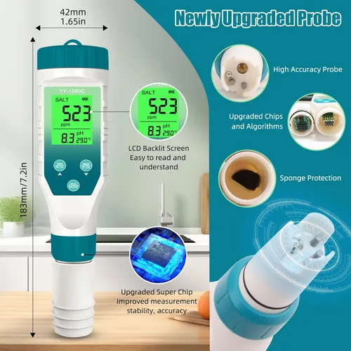 Miniatura 7 de Medidor de pH para hidropónica y probador de sal para spa – Medidor 5 en 1 de pH, salinidad, TDS, EC y temperatura con calibración de 12.88 mS/cm