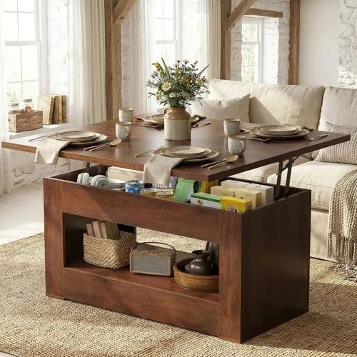 Miniatura 10 de UNIQUITE Mesa de centro elevable de 40 pulgadas, mesas auxiliares de elevación multifunción 4 en 1 con almacenamiento y compartimento oculto, mesas