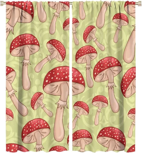 Cortinas opacas con diseño de hongos vintage, lindos champiñones rojos retro Amanita para oscurecer la habitación, bolsillo para barra, cortina de