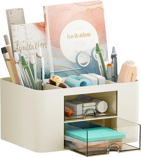 Marbrasse Organizador de bolígrafos con 2 cajones, portaplumas multifuncional para escritorio, organizadores de escritorio y accesorios con 5