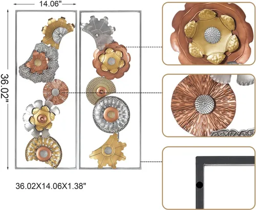 Miniatura 2 de Asense Juego de 2 flores de metal para colgar en la pared con marco, 36 x 14 pulgadas, esculturas modernas de arte de pared de metal dorado