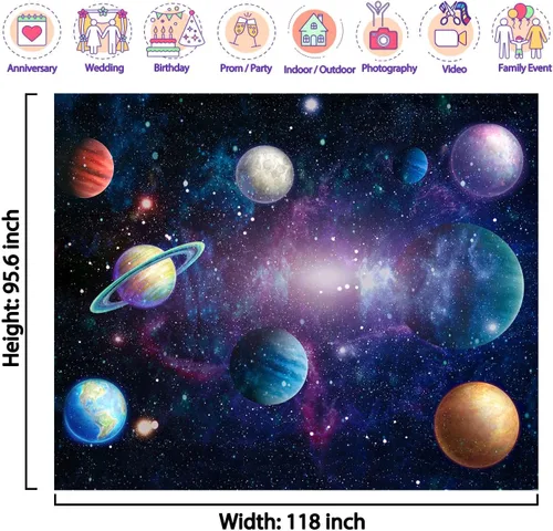 Miniatura 2 de Telón de fondo del espacio exterior con galaxia estrellada para bebés, niños y niñas, temática de planeta, fiesta de cumpleaños, 118 x 95.6