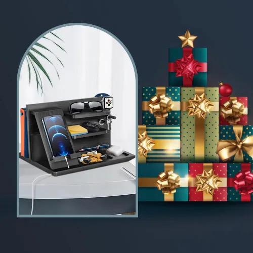 Miniatura 7 de Regalos para hombres, organizador de mesita de noche, estación de acoplamiento de teléfono de madera, regalos de cumpleaños de papá para él, mesita