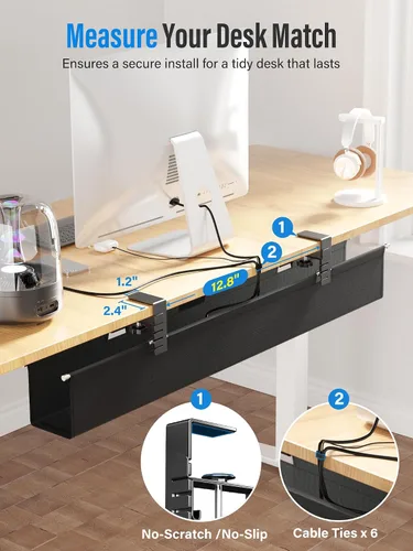 Miniatura 9 de Cinati - Bandeja grande de organización de cables para debajo del escritorio, organizador de cables para debajo del escritorio, sin taladros, Negro