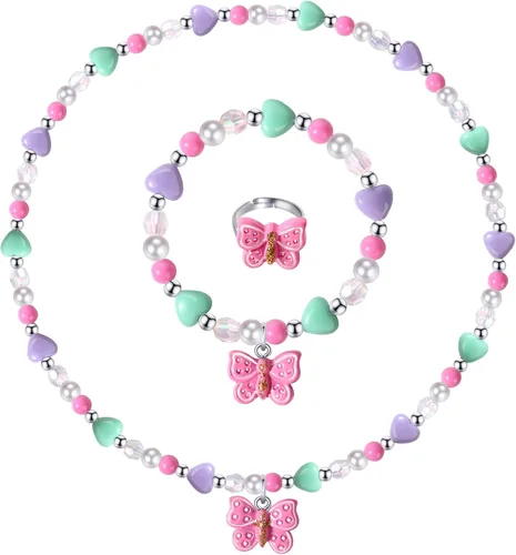 Juego de joyas coloridas de mariposa para niñas, collar de mariposa para niñas pequeñas, juego de joyero de juguete de juego de simulación con
