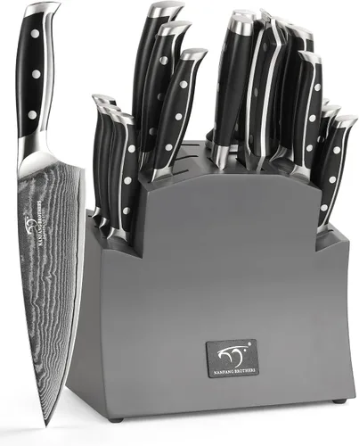 Miniatura 10 de VG10 - Juego de cuchillos de cocina de acero Damasco de 67 capas con asas de triple remache, 6 cuchillos de carne, tenedor de carne, afilador