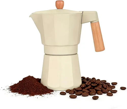 Cafetera italiana de aluminio Moka Pot Espresso (3 tazas) (6 tazas) (9 tazas) (Beige+madera, 3 tazas de espresso)