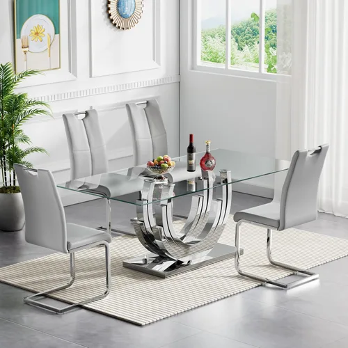 Miniatura 14 de Juego de mesa de comedor de cristal dorado moderno de 70 pulgadas para 4, juego de mesa rectangular de 5 piezas con base de acero en forma de anillo