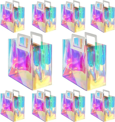 VUOJUR 10 bolsas de regalo pequeñas holográficas de 8.3 x 8 x 4 pulgadas, transparente, reutilizable, bolsa de regalo de cumpleaños para mujeres y