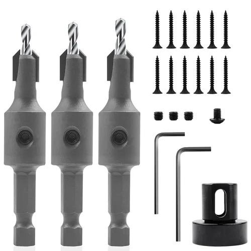 Juego de 3 brocas avellanadas con vástago hexagonal de 1/4 pulgadas con tope de profundidad ajustable para madera, escariador de carpintería de