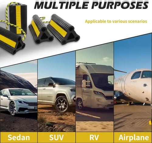 Miniatura 7 de Cuñas de rueda para remolque de RV, caravana, camión, coche, resistentes de uso sencillo, goma con cordón y cinta reflectante amarilla, accesorio
