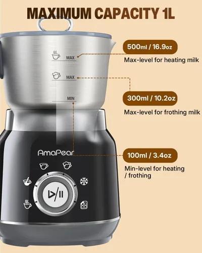 Miniatura 6 de Espumador de leche y vaporizador, máquina de espuma eléctrica 6 en 1 para café, calentador de leche de 16.9 oz/16.9 fl oz para latte, macchiato