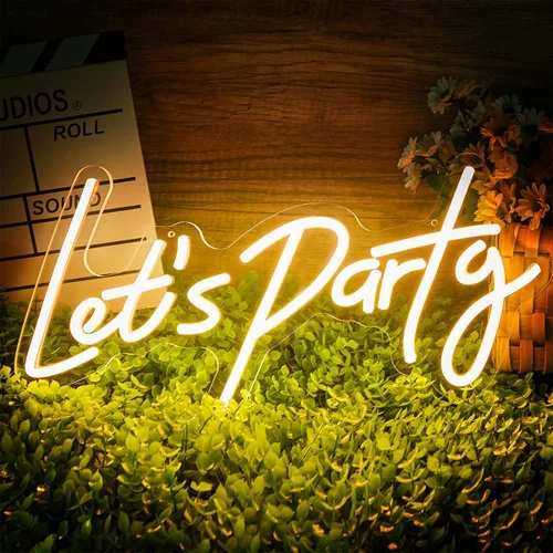 Letrero de neón Lets Party para decoración de pared de fiesta, decoraciones de fiesta de neón LED brillantes, suministros de accesorios, blanco