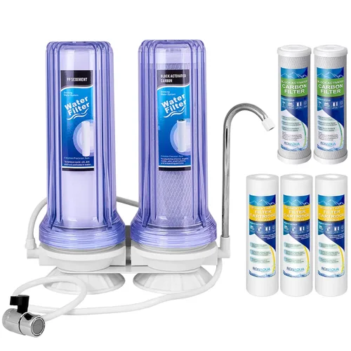 El sistema de filtración de agua potable para encimera de 2 etapas elimina el cloro, la carcasa transparente y el suministro anual (2 extra) CTO y