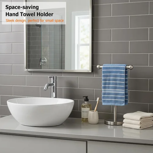 Miniatura 8 de Toallero de mano dorado con base de acero inoxidable pesado, toallero en forma de T, toallero independiente para encimera para baño (oro cepillado)