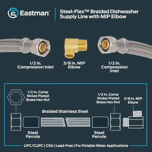 Miniatura 6 de Eastman Kit de instalación para lavavajillas, línea de suministro de 5 pies, compresión de 1/2 pulgada x 1/2 pulgada con codo MIP de 3/8 pulgadas