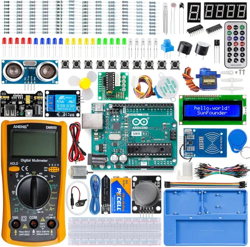Kit de iniciación Inventor Lab de SunFounder con placa Arduino Uno R3 REV3 original, multímetro, 34 proyectos, soporte para protoboard RAB, batería