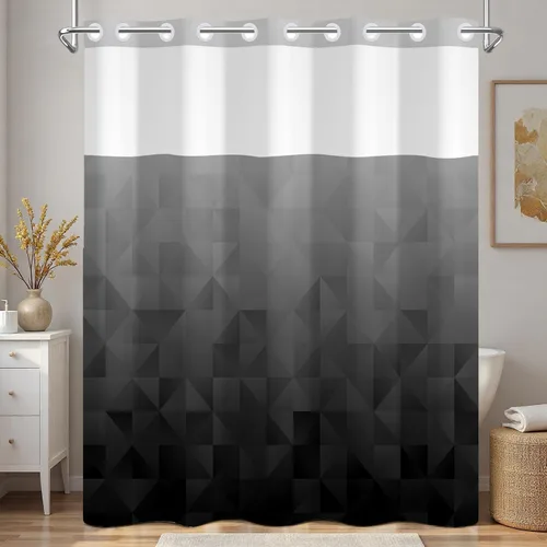 Miniatura 10 de No Hook Geometric Shower Curtain with Snap in Liner - 71″W x 74″L Waterproof Fabric with Mesh Top Window, Modern Abstract Triangle Design Bath