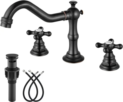 Miniatura 19 de gotonovo Grifo de baño de 3 agujeros y 8 pulgadas, grifo de lavabo de baño extendido, 2 asas cruzadas, grifo mezclador vintage con drenaje Latón