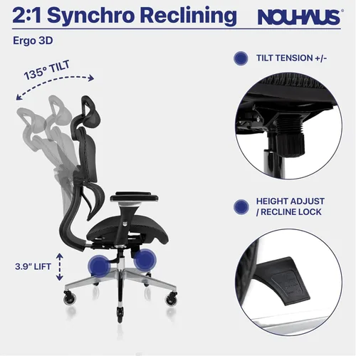 Miniatura 5 de Nouhaus Ergo3D - Silla ergonómica de oficina con soporte lumbar de malla con reposabrazos ajustable 4D, reposacabezas y ruedas ajustables, respaldo