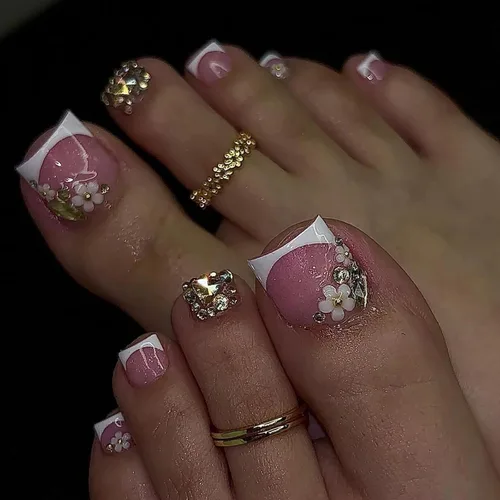 Miniatura 18 de Uñas postizas cuadradas a presión, uñas cortas MABKJLF blancas francesas de los pies, uñas postizas de verano brillantes con diamantes de imitación