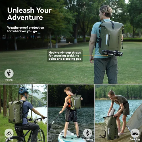 Miniatura 6 de MARCHWAY Mochila impermeable con parte superior enrollable, bolsa seca flotante de 20L/30L/45L con base rectangular ergonómica, espalda acolchada
