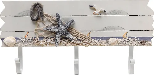 Miniatura 3 de Perchero de madera con 3 ganchos de metal con diseño de mar y playa, con estrellas de mar, gaviotas y conchas de mar