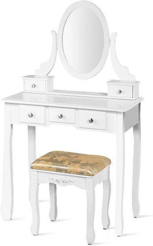 Miniatura 8 de CHARMAID Set de tocador con espejo ovalado giratorio, mesa de maquillaje para dormitorio con 5 cajones para mujeres y niñas, tocador con taburete