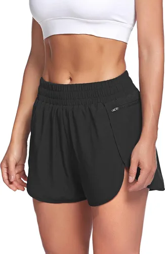 LaLaLa - Pantalones cortos de entrenamiento para mujer con bolsillo con cierre de cremallera secado rápido pantalones cortos deportivos con cintura