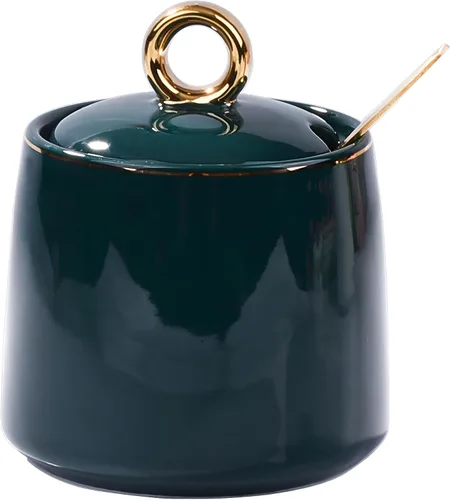 Miniatura 9 de Azucarero de cerámica con cuchara, tarro de azúcar con borde dorado, recipiente de sal de cerámica en forma de golf con tapa para el hogar
