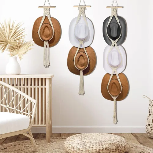 Miniatura 7 de Yulejo 3 piezas de macramé para sombrero, colgador de sombreros bohemio para pared, organizador de vaquera, estante de exhibición de tejido a mano