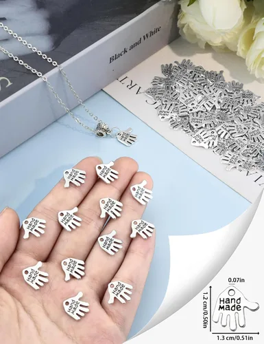 Miniatura 3 de JIALEEY 100 dijes en forma de mano hechos a mano, letreros tallados en tono plateado para hacer joyas de moda, hallazgos, manualidades, costura