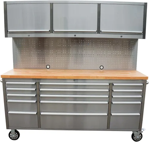Miniatura 3 de AnorTrek Caja de herramientas de 72 pulgadas con 15 cajones con gabinete superior de 3 y tablero de clavijas en acero inoxidable (Acero inoxidable)
