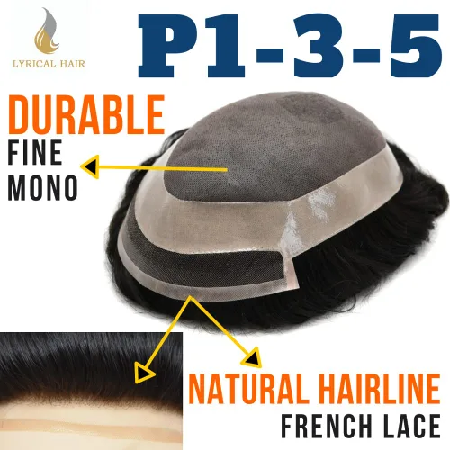 Miniatura 5 de Toupee para hombre pieza de cabello humano fino mono tupé piel de poliéster transparente alrededor de la pieza para hombres sistema de reemplazo