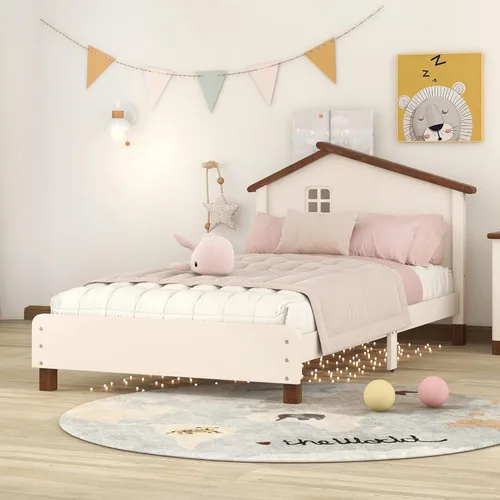 Miniatura 3 de Cama de plataforma de madera de tamaño individual con cabecera en forma de casa, soporte de listones de madera, para dormitorio de niños, niñas