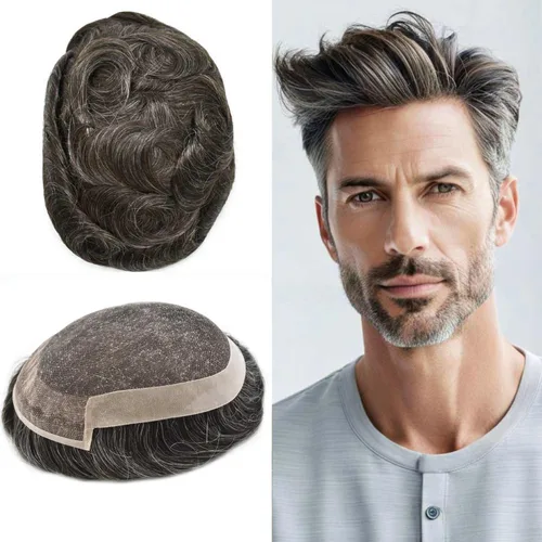 Miniatura 11 de Toupee Hair System For Men Real Human Hair Swiss Lace Mens Toupee Men Hair Replacement System Natural Hairline Mens Hairpieces 6X8"-80% light