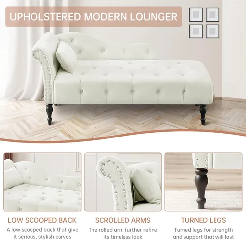 Miniatura 6 de Chaise Lounge - Silla de terciopelo para interiores con almohada, con botones copetudos, brazo derecho, con ribete de cabeza de clavos y patas Blanco