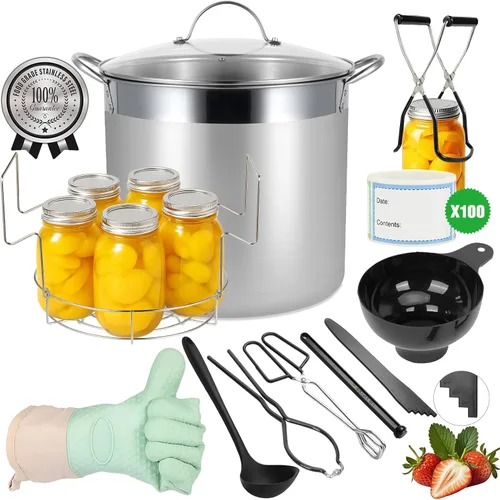 Olla de Enlatado de Acero Inoxidable con Estante y Tapa, Gran Enlatador de Baño de Agua, Kit Inicial Completo de Suministros para Enlatado Casero