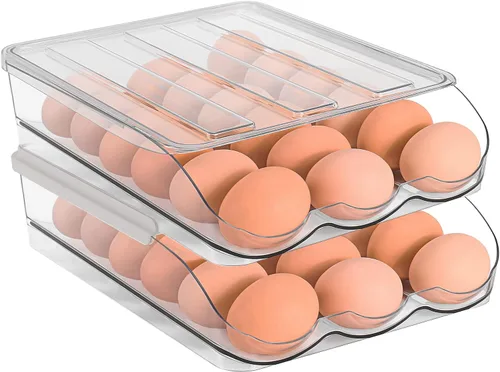 Sooyee Contenedor de almacenamiento de 2 capas tipo rampa para huevos rodante automático para organizador de refrigerador, contenedor grande para