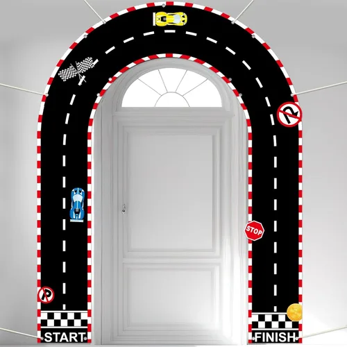 3 piezas de decoración de cumpleaños de coche de carreras, cartel arqueado de tela para porche, telón de fondo de arco de coche de carreras,