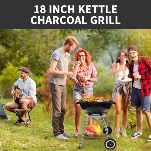 Miniatura 7 de Parrilla de carbón de 18 pulgadas, parrilla de barbacoa con tapa esmaltada y colector de cenizas, parrilla de carbón portátil para parrilla al aire