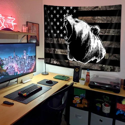 Miniatura 2 de Tapiz de Oso con Bandera Americana Country, Tapiz Rústico de Caza Camo Bass Bear en Blanco y Negro para Colgar en la Pared para Dormitorio de Oso