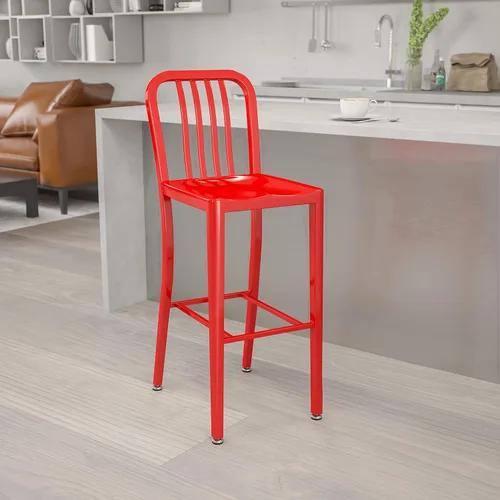 Miniatura 12 de BizChair Taburete de bar de metal negro para interiores y exteriores de 30 pulgadas de alto con respaldo de listón