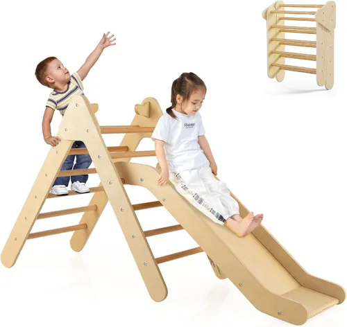 OLAKIDS Juego de triángulo Pikler 2 en 1 juguetes de escalada para niños pequeños Gimnasio de selva plegable de madera Montessori con rampa de