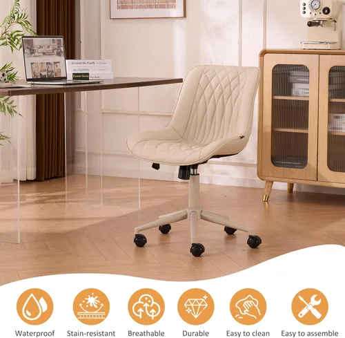Miniatura 8 de YOUNIKE Silla de escritorio de oficina en casa con ruedas, silla de tocador sin brazos con respaldo cómoda y moderna tapizada de cuero, silla Crema