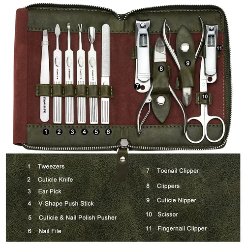 Miniatura 6 de FAMILIFE Juego de manicura, kit de uñas 11 en 1, kit de pedicura de acero inoxidable para hombre, kit de manicura de cuero y regalos para hombres