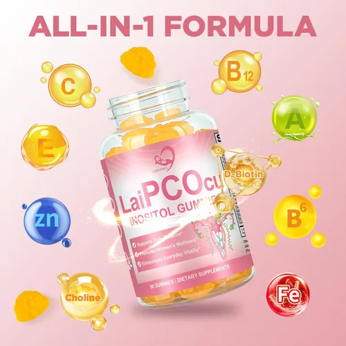 Miniatura 2 de Gomitas de inositol PCOS para el equilibrio ovárico y hormonal, 60 unidades de gomitas PCOS con mio-inositol, folato y zinc que ayudan al ciclo