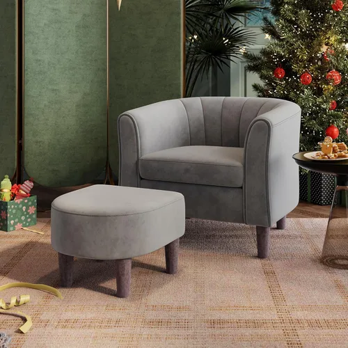 Miniatura 16 de LINSY Silla decorativa con otomana, sillón moderno, cómoda silla de lectura de barril con reposapiés para sala de estar, dormitorio, sala de Beige